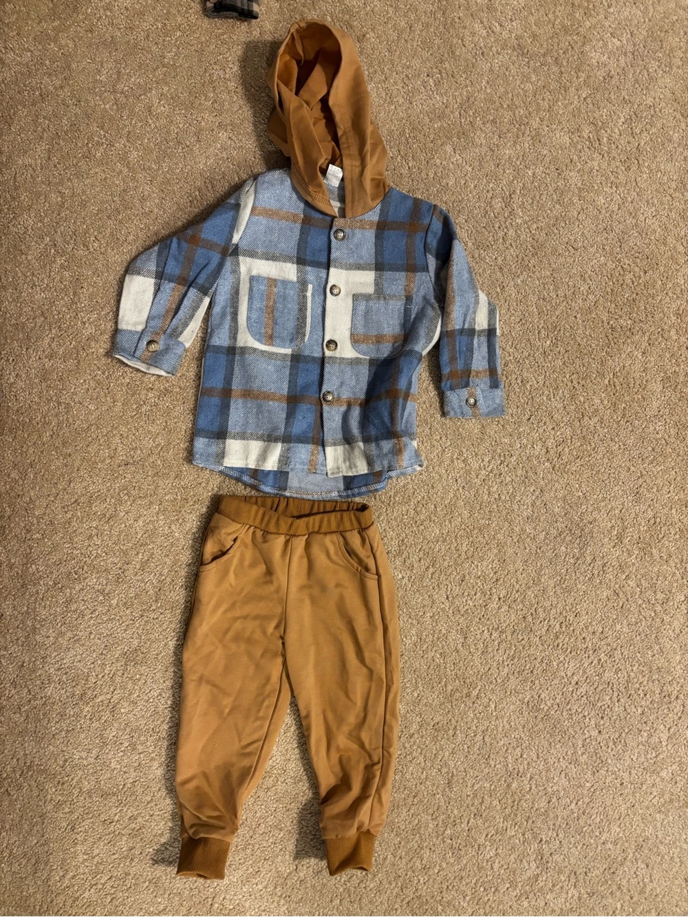Kids Two-Piece Hooded Plaid Shirt & Jogger Set in Blue and Brown